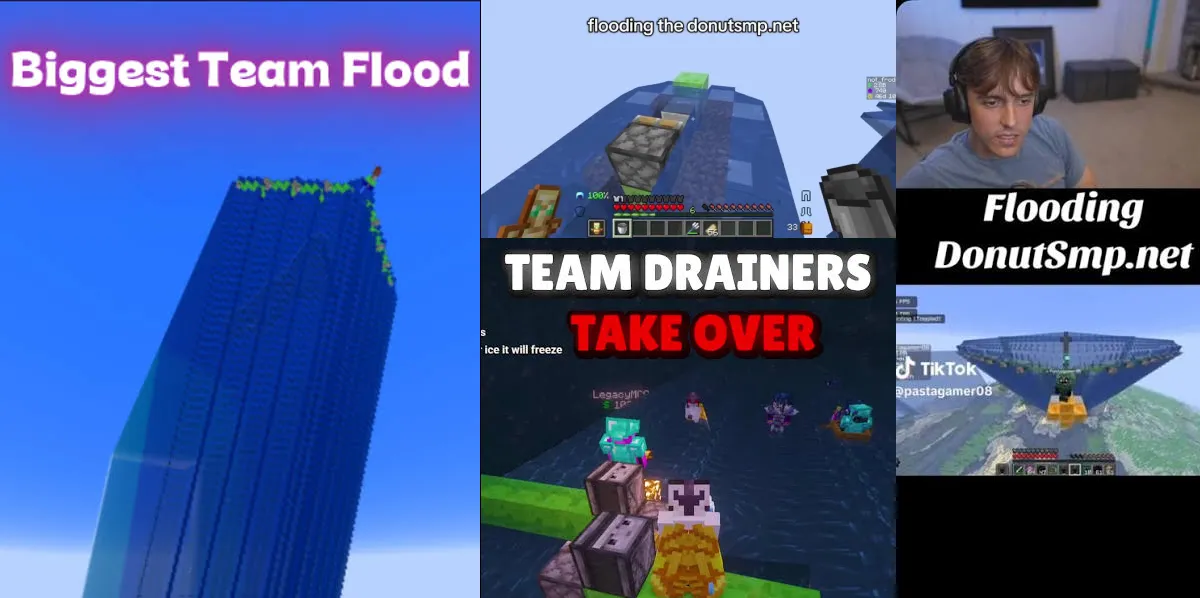 Koláž záplavy DonutSMP: Biggest Team Flood, TEAM DRAINERS a streamer