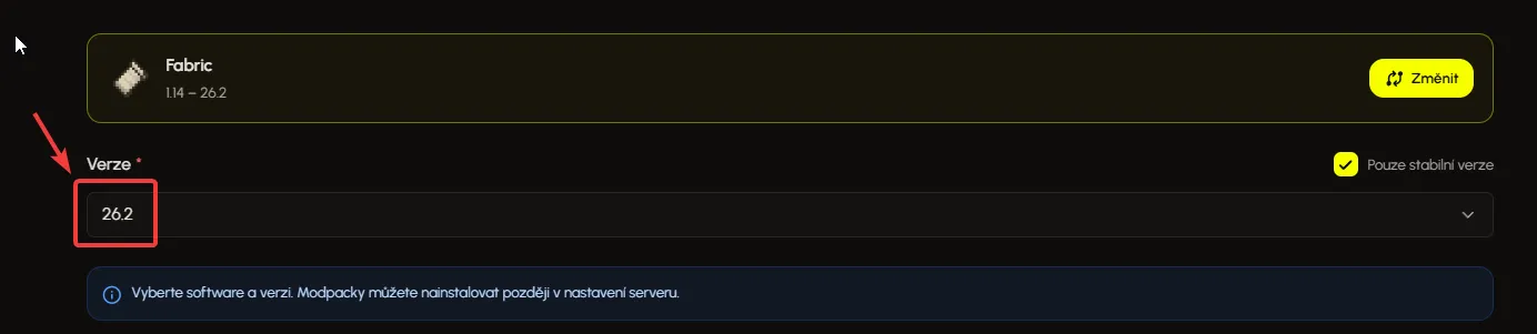 Výběr verze Fabric/Minecraftu