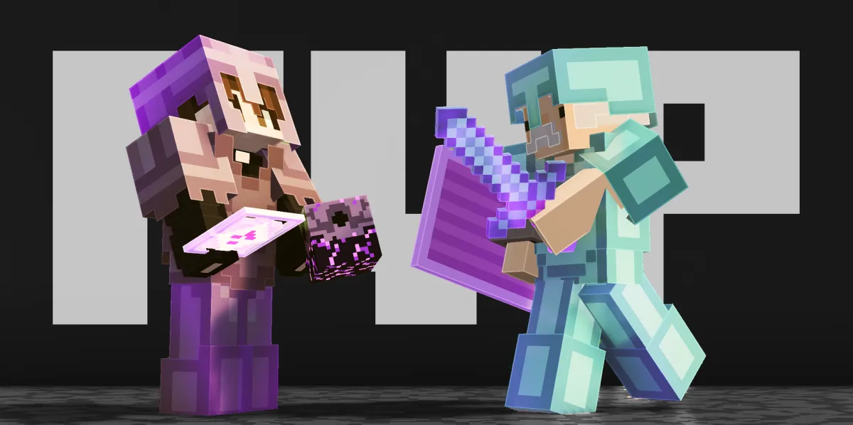 Dva hráči v netherite a diamond armorě proti sobě před nápisem PVP