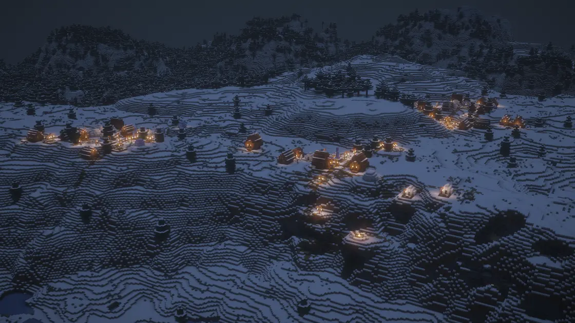 Vánoční zimní seed: tři zasněžené vesnice nad biomem Ice Spikes