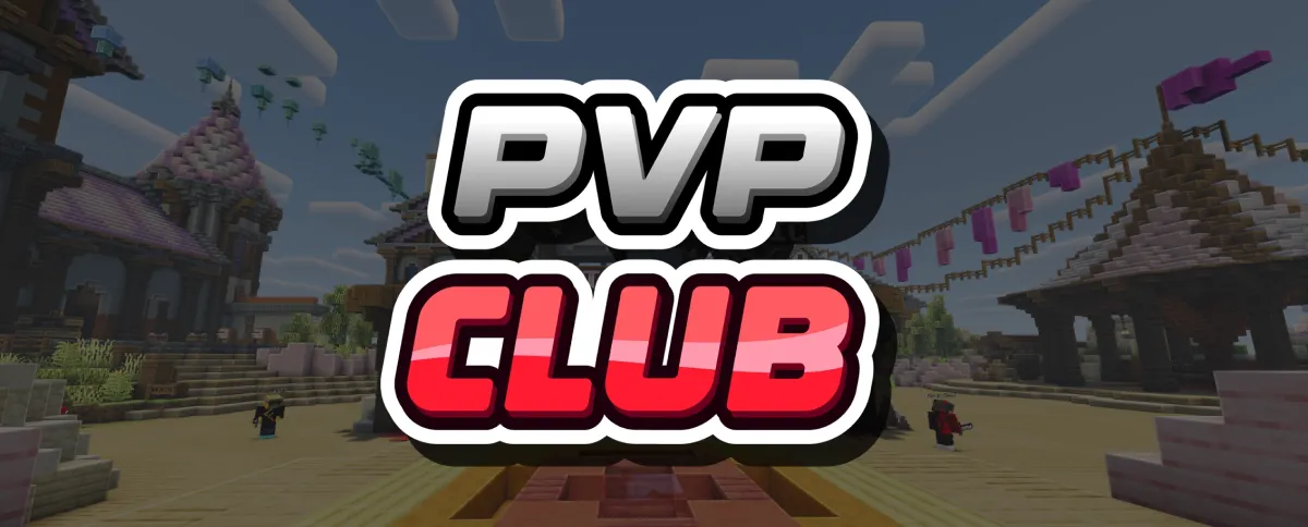 Banner PVP CLUB nad lobby Minecraft arény s růžovými lampiony