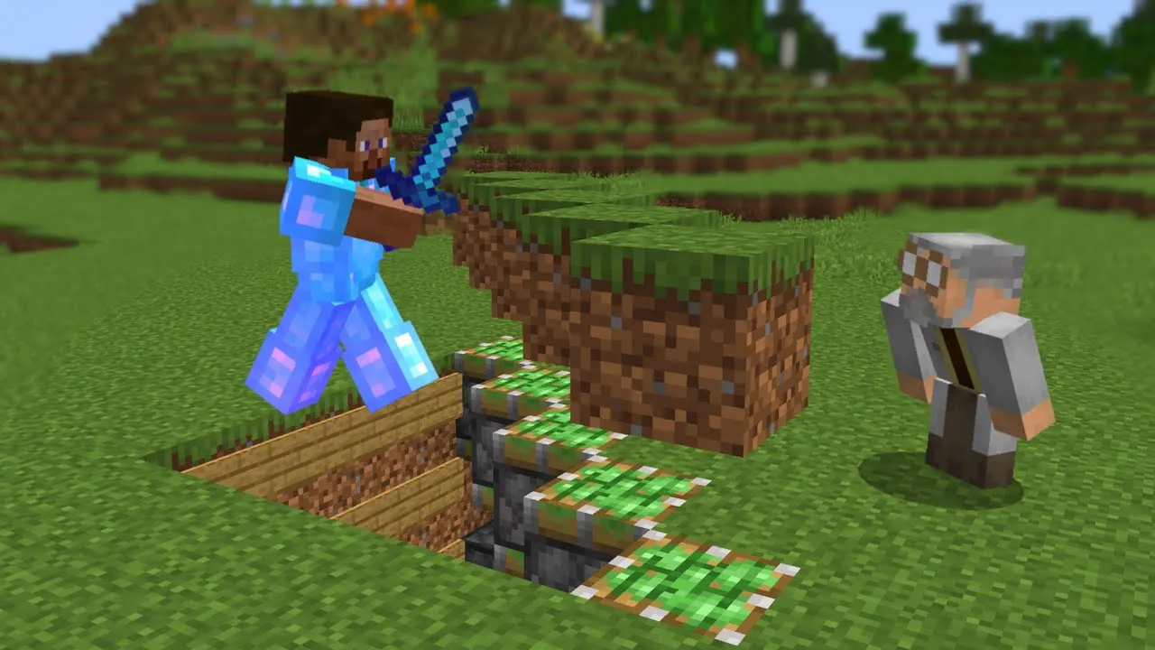 Hoplite past s sticky pistony: hráč v diamond armorě skáče na vědce