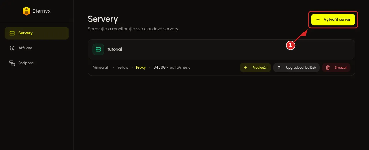 Tlačítko Vytvořit server v seznamu serverů Eternyx dashboardu