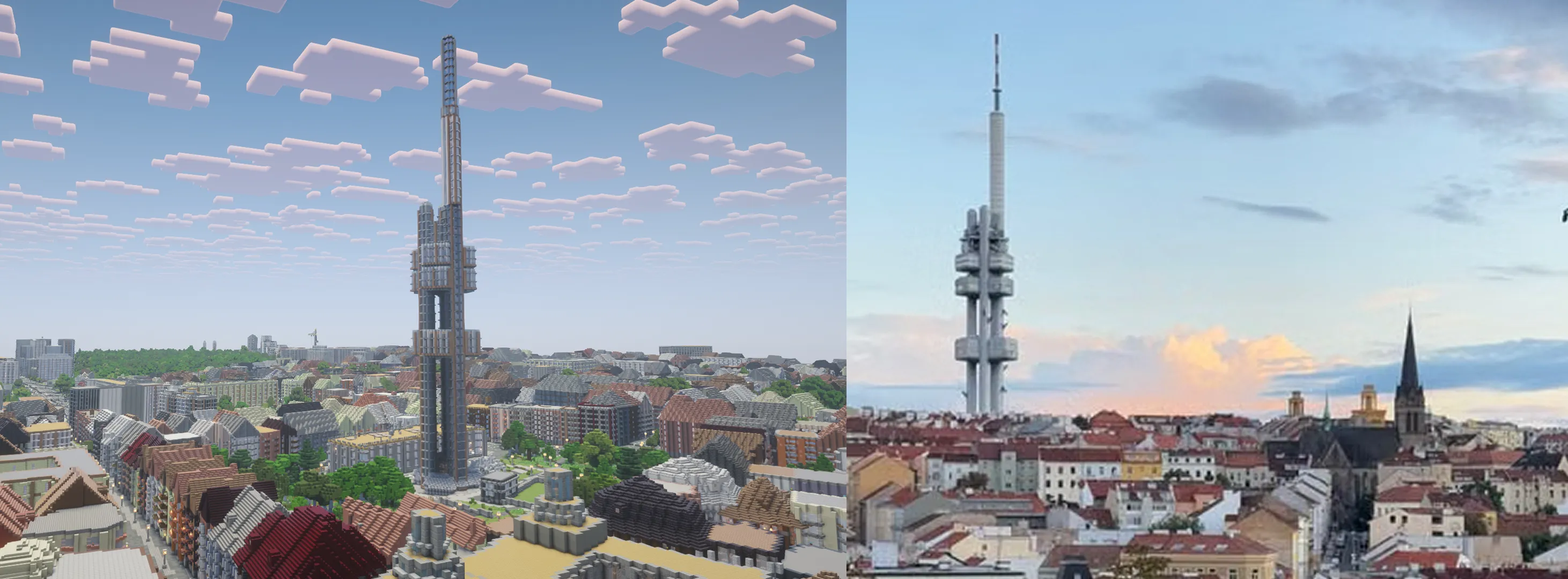 Žižkovská věž v Minecraftu a ve skutečnosti nad střechami Žižkova