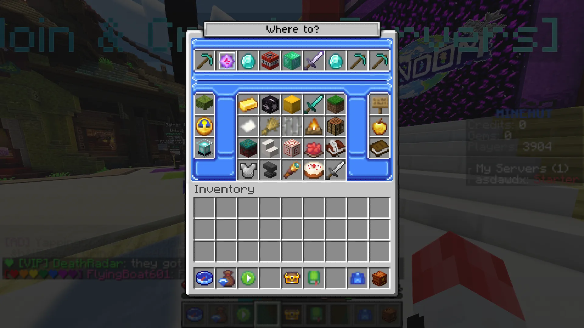 Minehut menu Where to? pro join a create servers se scoreboardem