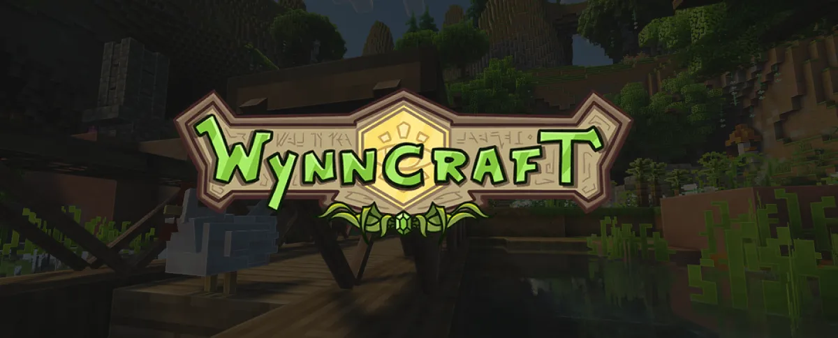 Zelené logo WYNNcraft v rámu nad fantasy Minecraft krajinou