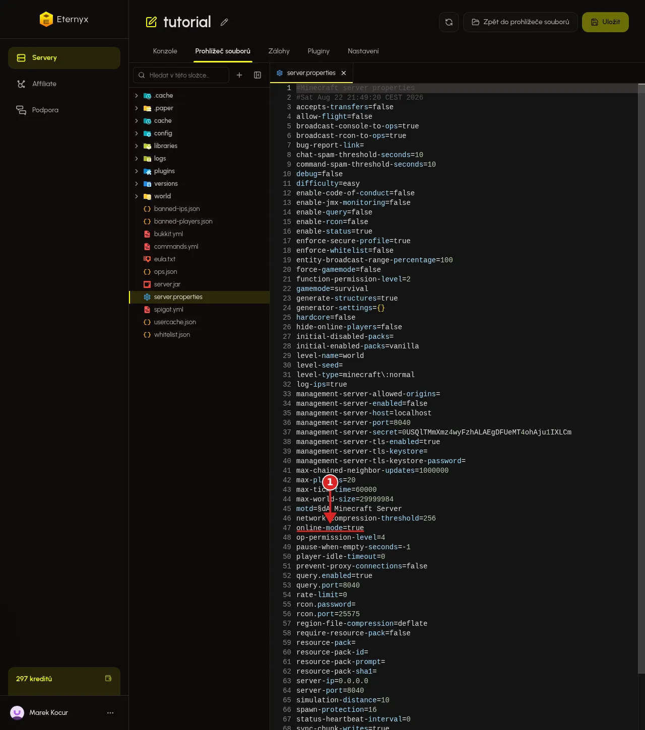 Řádek online-mode v souboru server.properties