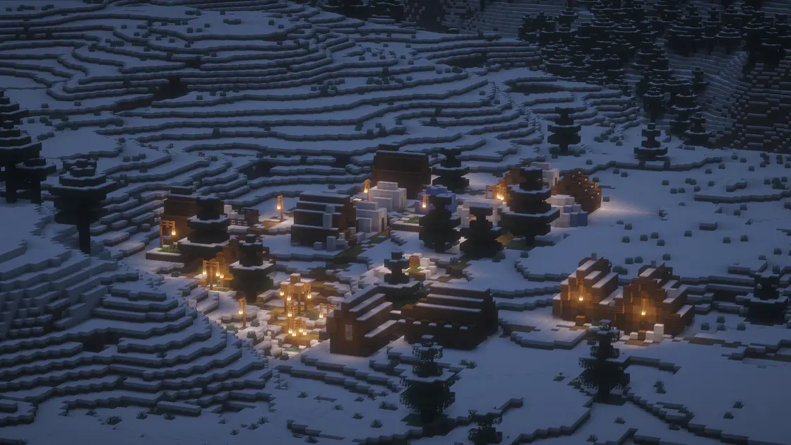 Vánoční zimní seed: tři zasněžené vesnice nad biomem Ice Spikes