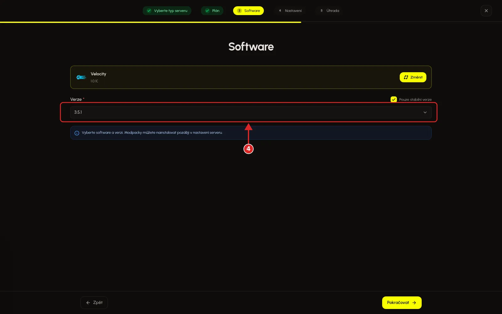 Výběr verze Velocity v průvodci vytvořením serveru