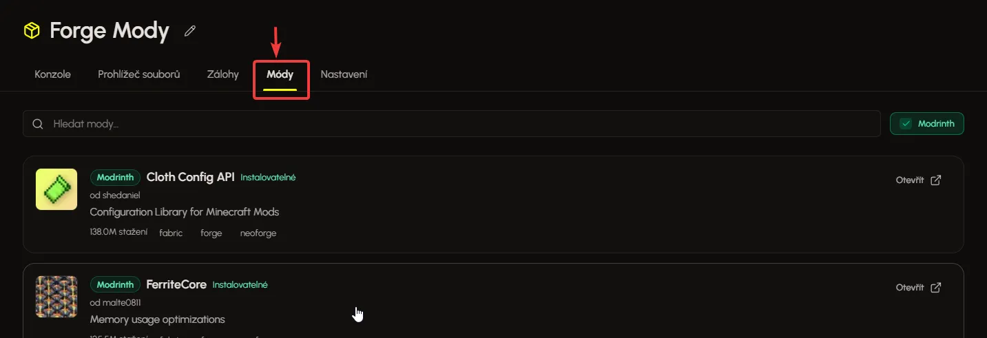 Správce Forge modů v Eternyx panelu