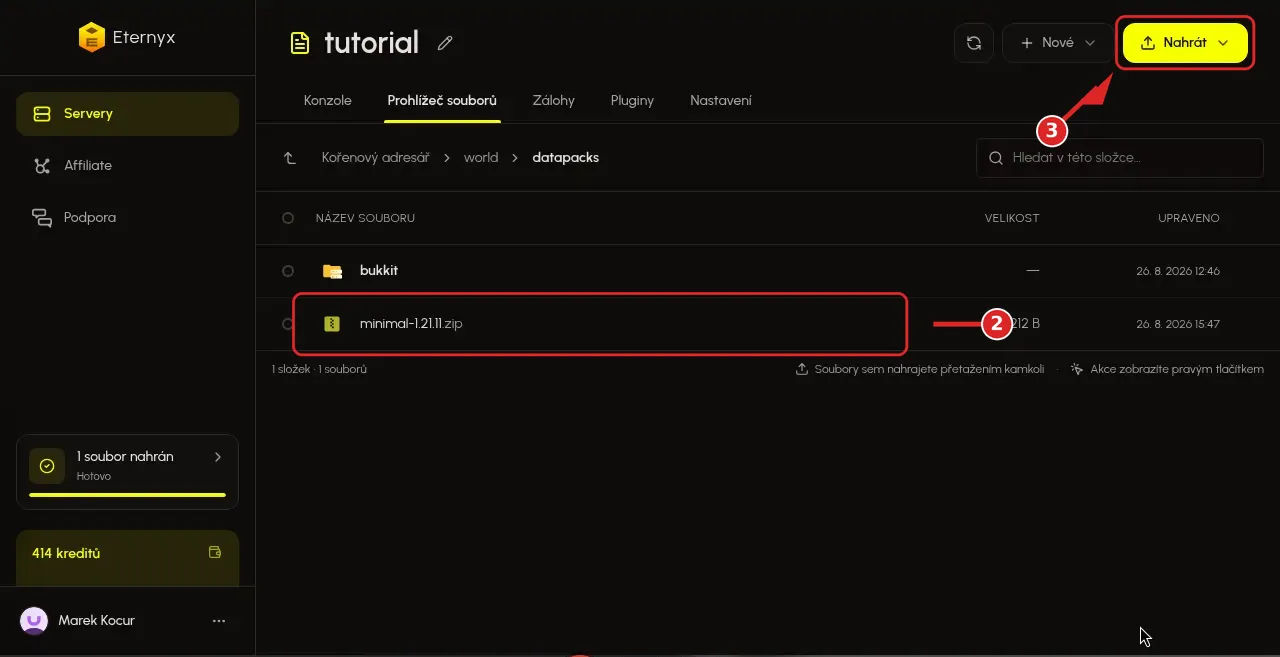 Nahraný zip minimal-1.21.11.zip ve složce world/datapacks a tlačítko Nahrát