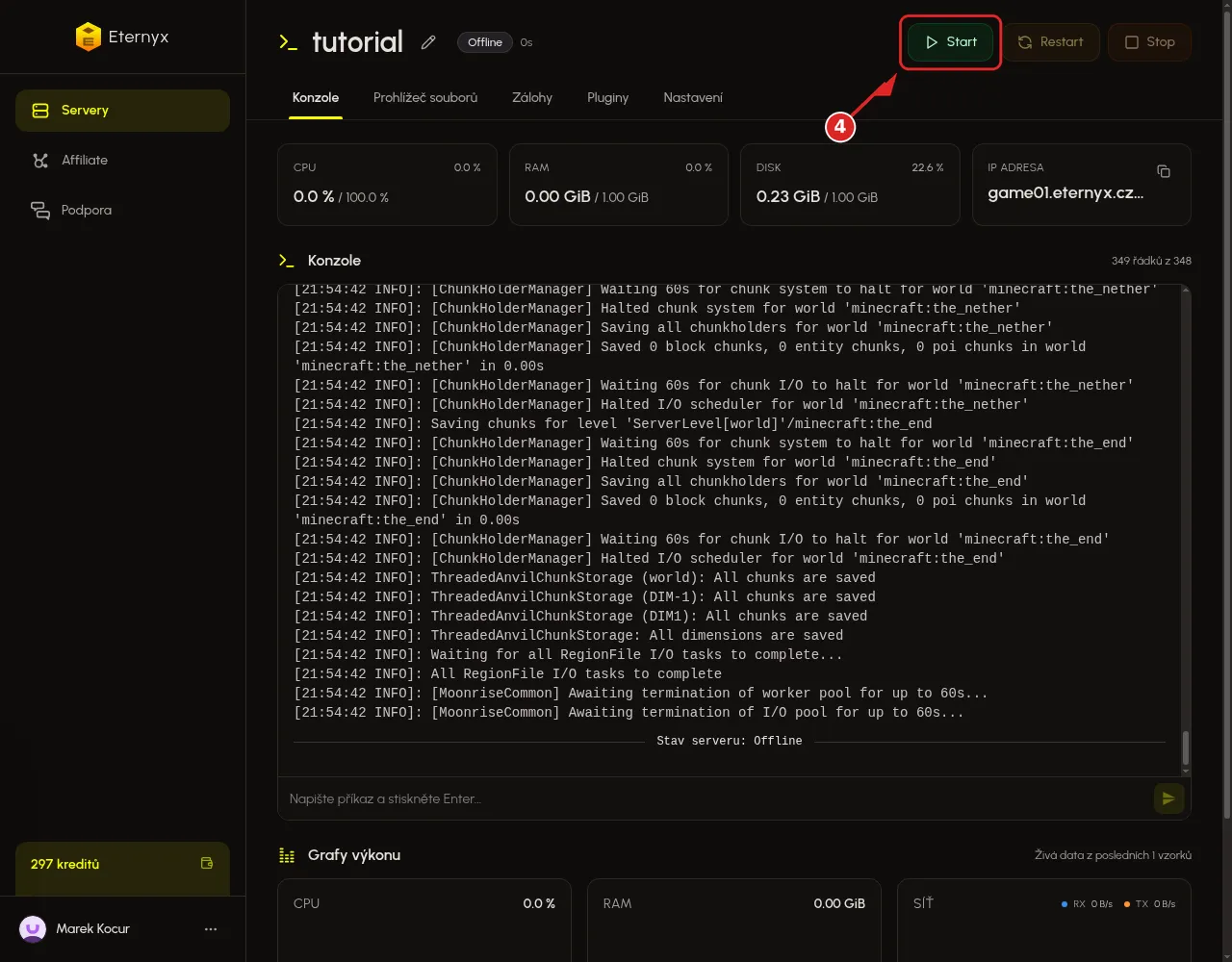 Tlačítko Start v hlavičce vypnutého Minecraft serveru