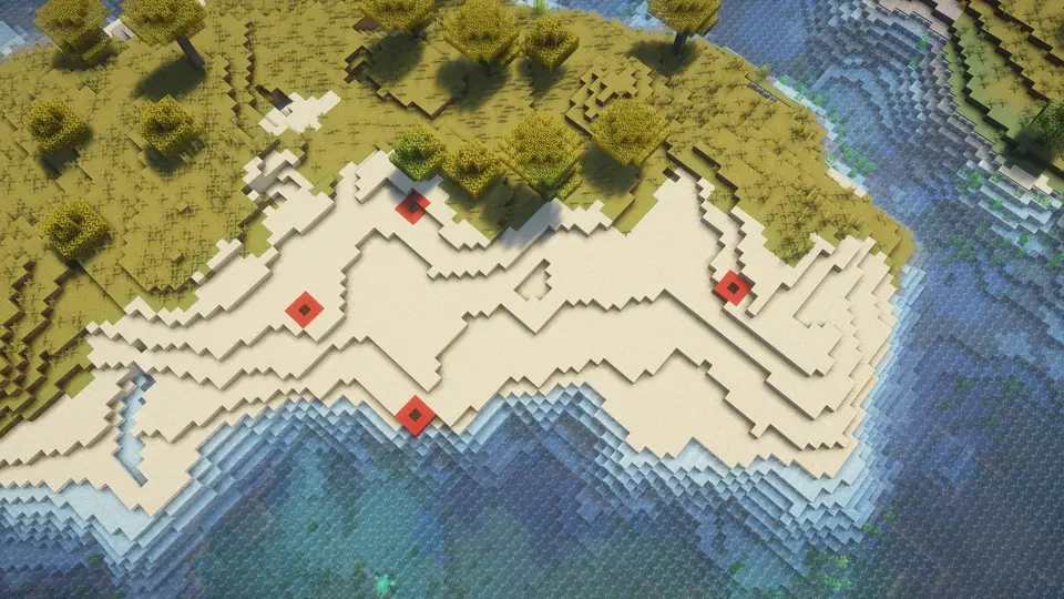 Screenshot seedu Spawn u čtyř buried treasure se železnou zbrojí a diamantovými nástroji