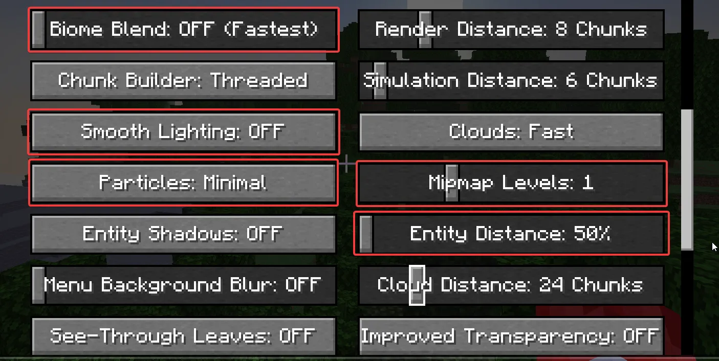 Minecraft Video Settings s vyznačenými Biome Blend, Smooth Lighting, Particles, Mipmap Levels a Entity Distance