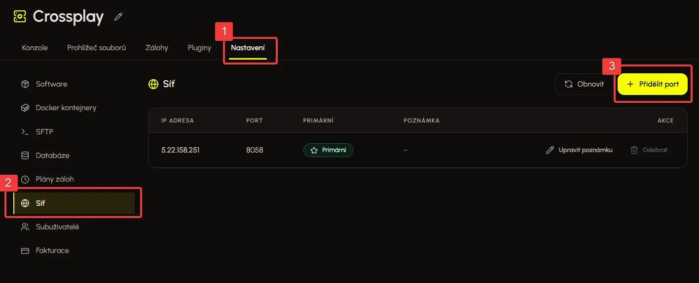 Nastavení sítě serveru v Eternyxu s možností přidělení nového portu