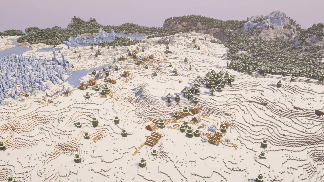Vánoční zimní seed: tři zasněžené vesnice nad biomem Ice Spikes