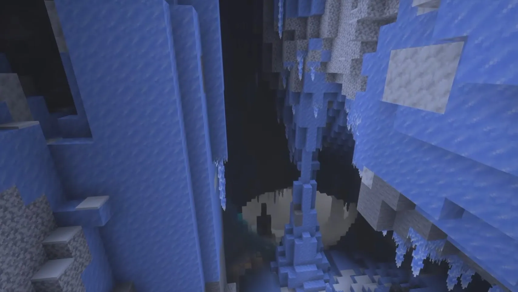 Hluboká Ice Caves propast s ledovými stalaktity a krystaly v Minecraftu