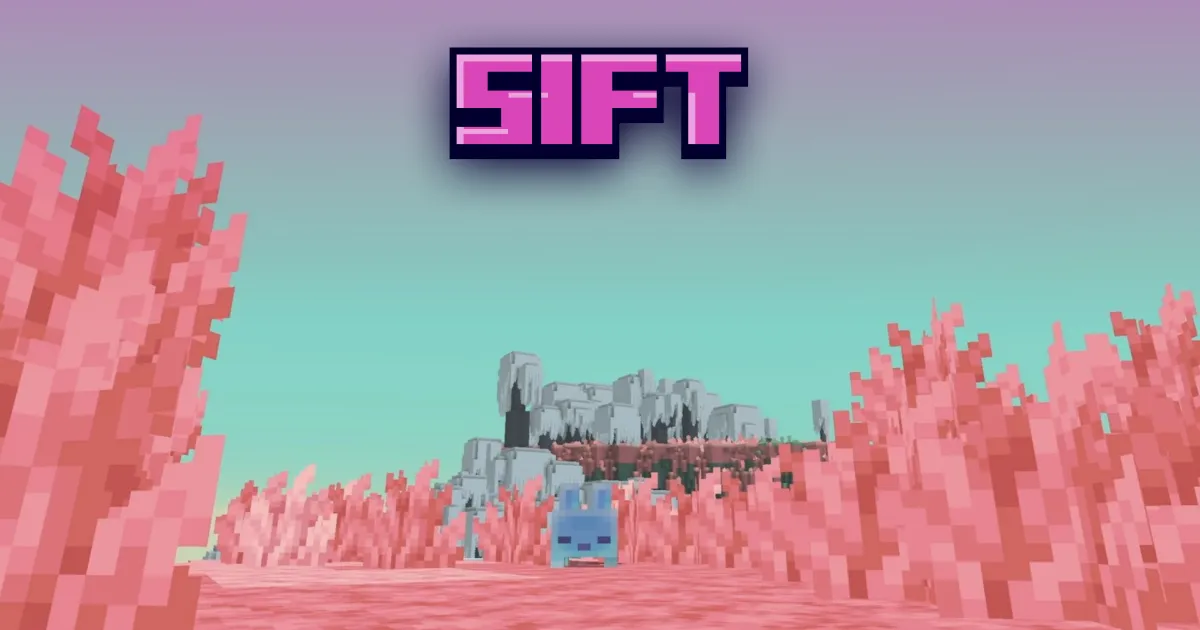 Nová dimenze Sift v Minecraftu: růžová krajina s nápisem SIFT a modrým mobem