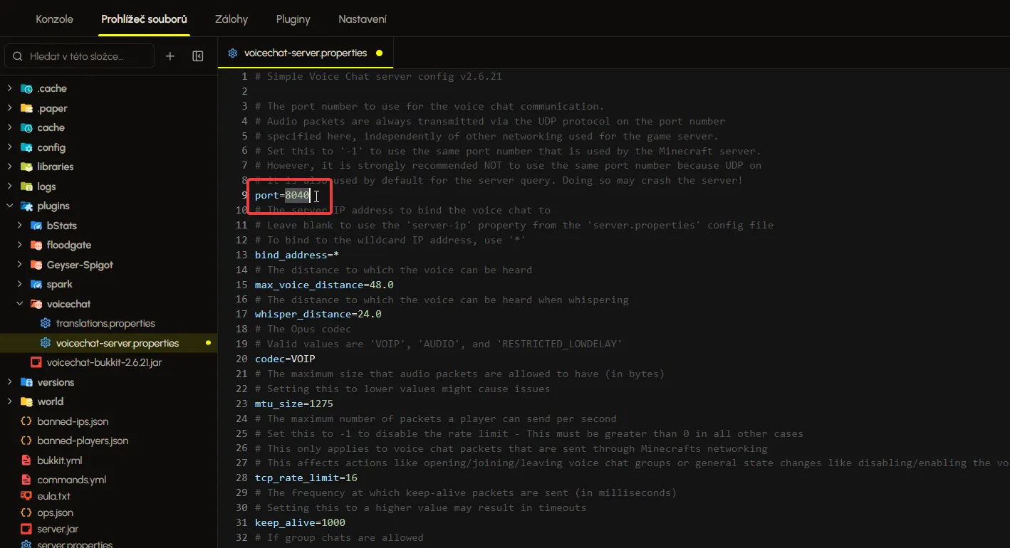 Konfigurační soubor Simple Voice Chatu s nastavením serverového portu