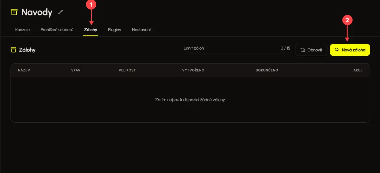 Seznam záloh a tlačítko Nová záloha v Eternyx dashboardu