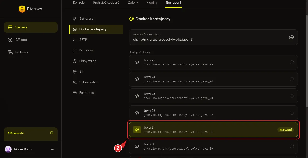 Řádek Docker obrazu Java 21 na stránce Docker kontejnery v Eternyx dashboardu