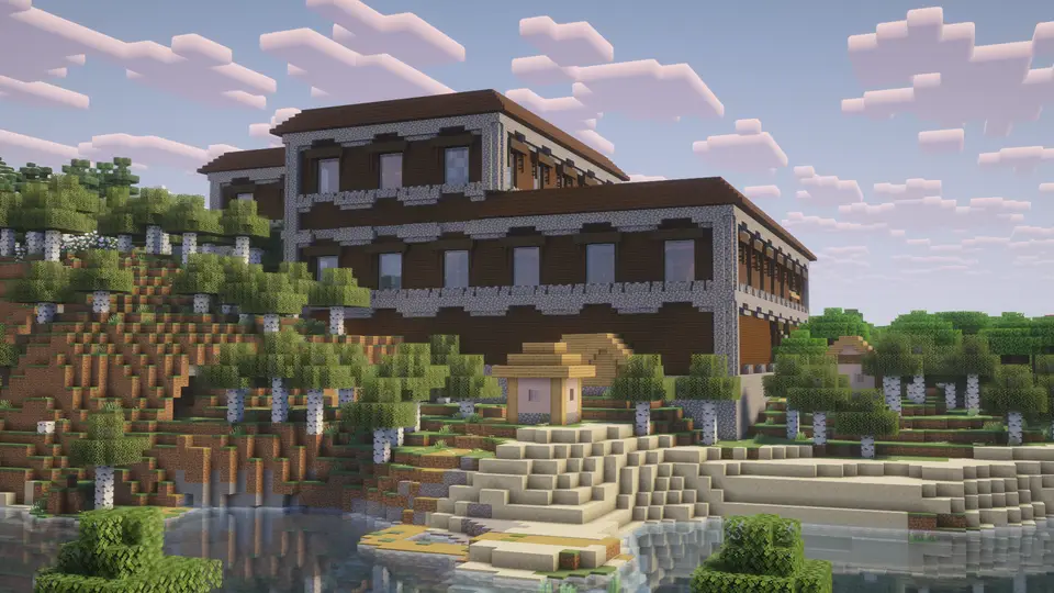 Screenshot seedu Woodland Mansion s vesnicí uvnitř přímo na spawnu