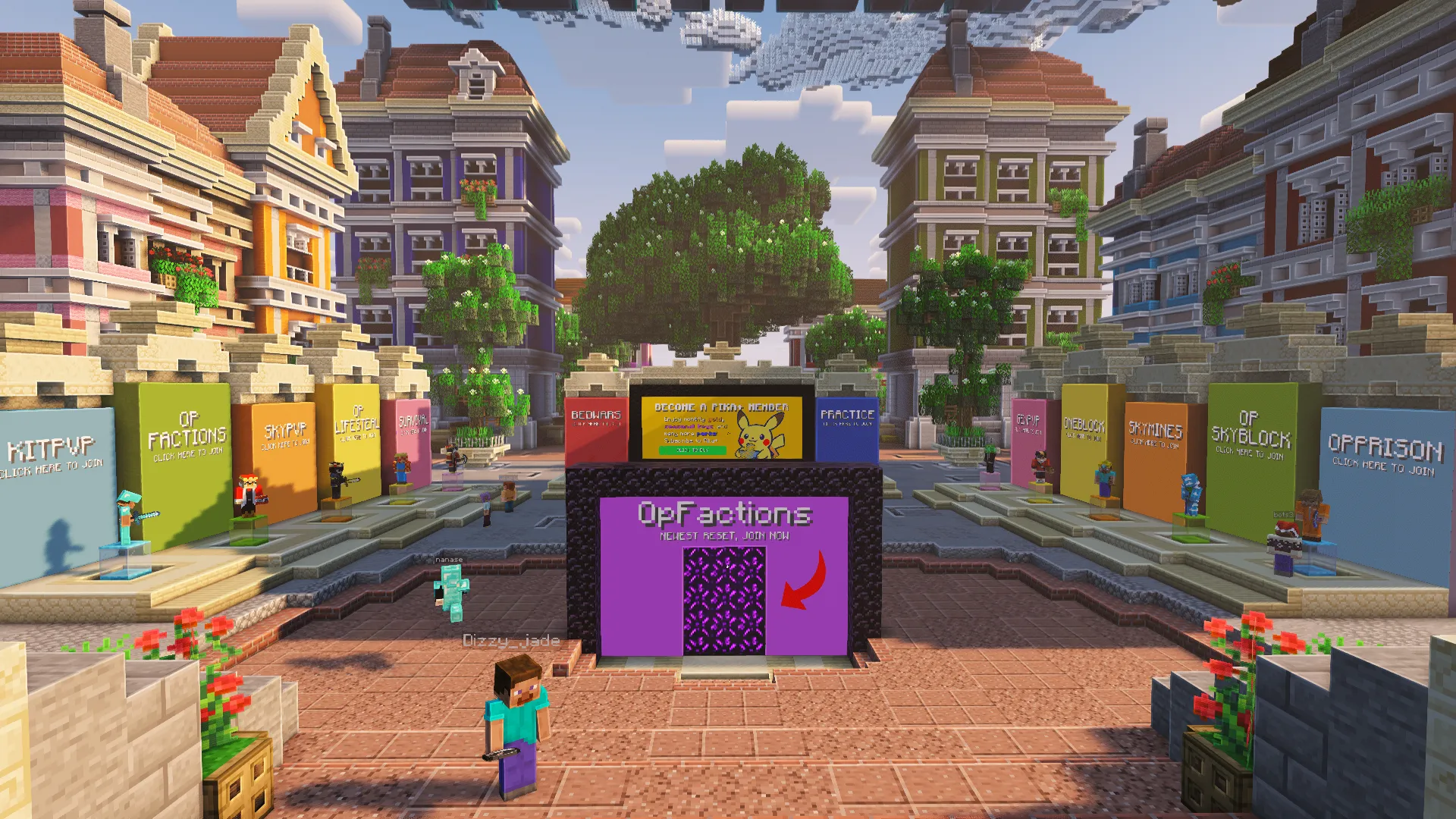 Lobby PikaNetwork s portály Prison, KitPvP, Skyblock a OpFactions