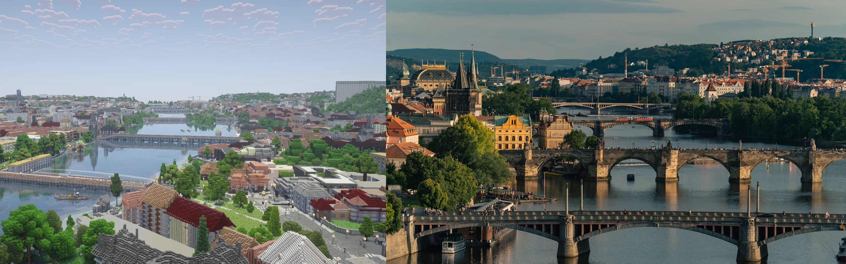 Vltava s pražskými mosty v Minecraftu a ve skutečnosti