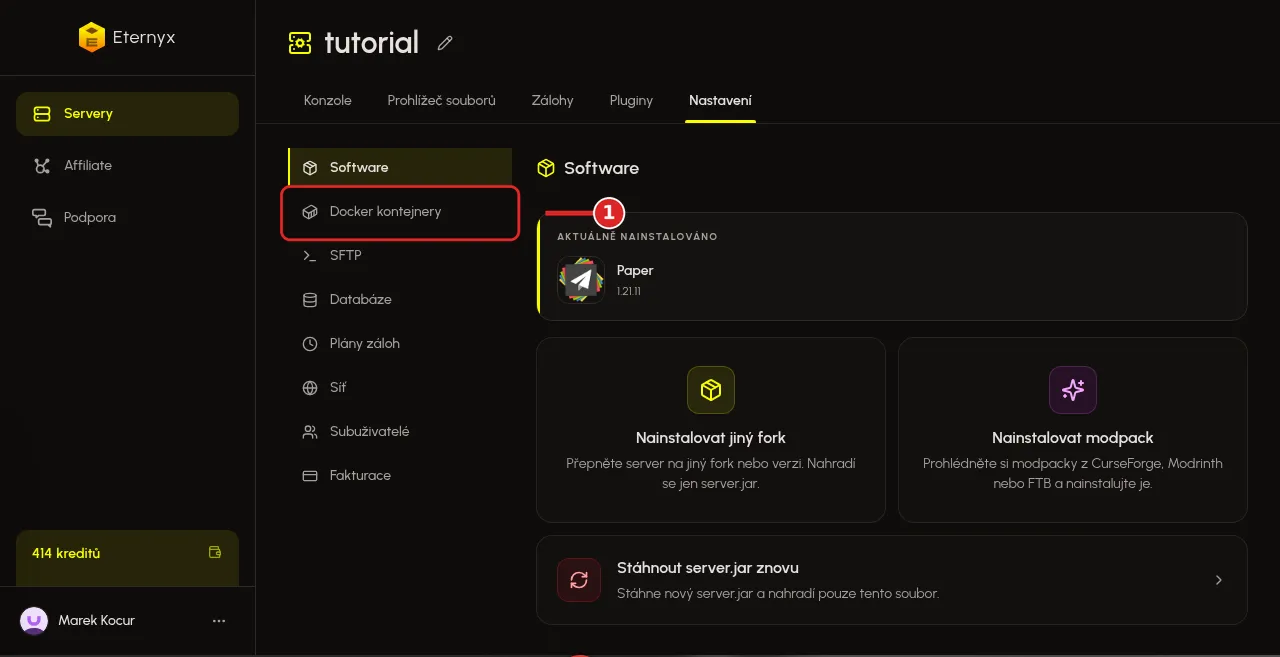 Položka Docker kontejnery v menu Nastavení v Eternyx dashboardu