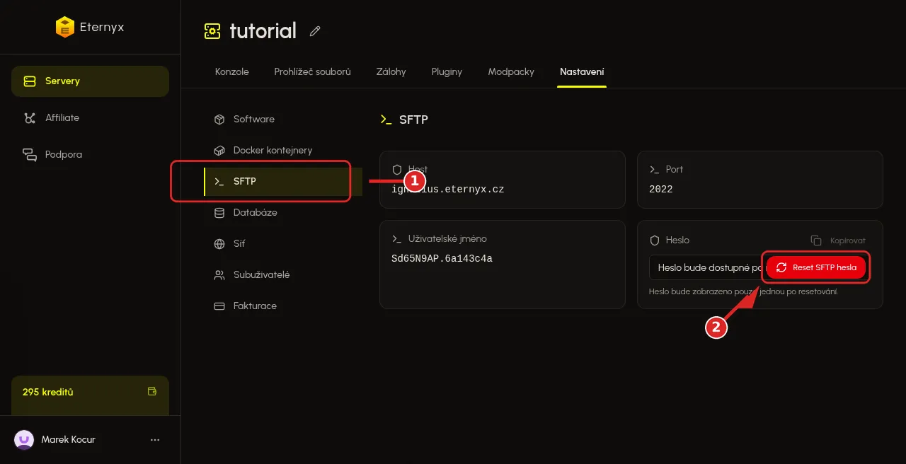 Karta SFTP v Nastavení s Host, Port, uživatelským jménem a tlačítkem Reset SFTP hesla