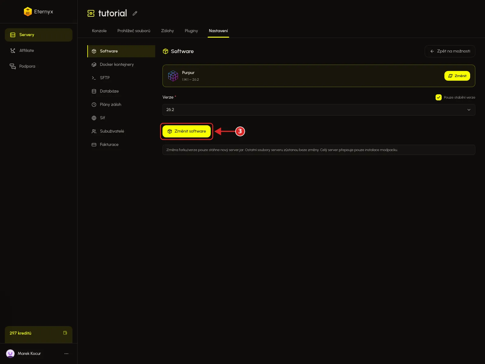 Tlačítko Změnit software u vybraného forku Purpur v Eternyx dashboardu