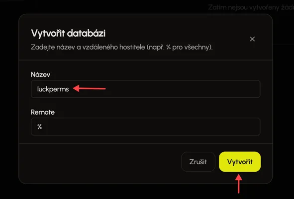 Pojmenování databáze v Eternyx panelu