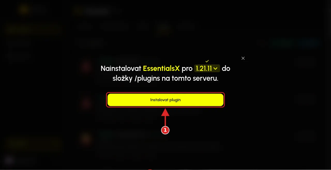 Dialog Nainstalovat EssentialsX pro 1.21.11 a tlačítko Instalovat plugin