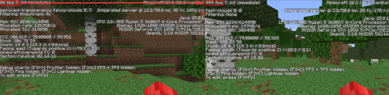 Porovnání F3 obrazovky Minecraftu 88 FPS před nastavením a 499 FPS po úpravě