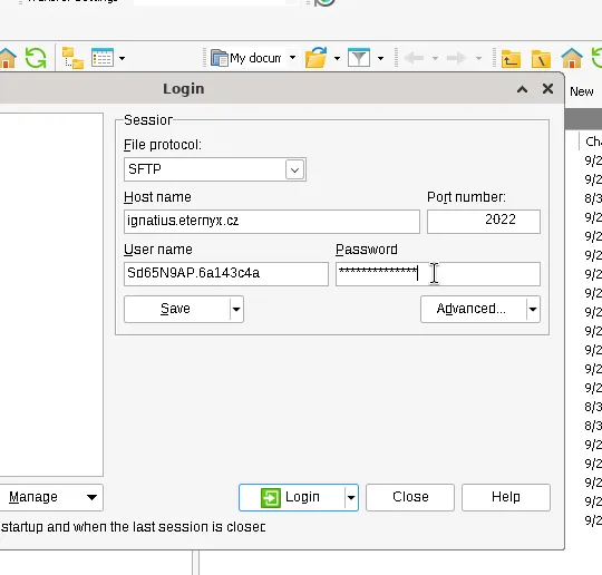 WinSCP Login s protokolem SFTP, hostem ignatius.eternyx.cz a portem 2022