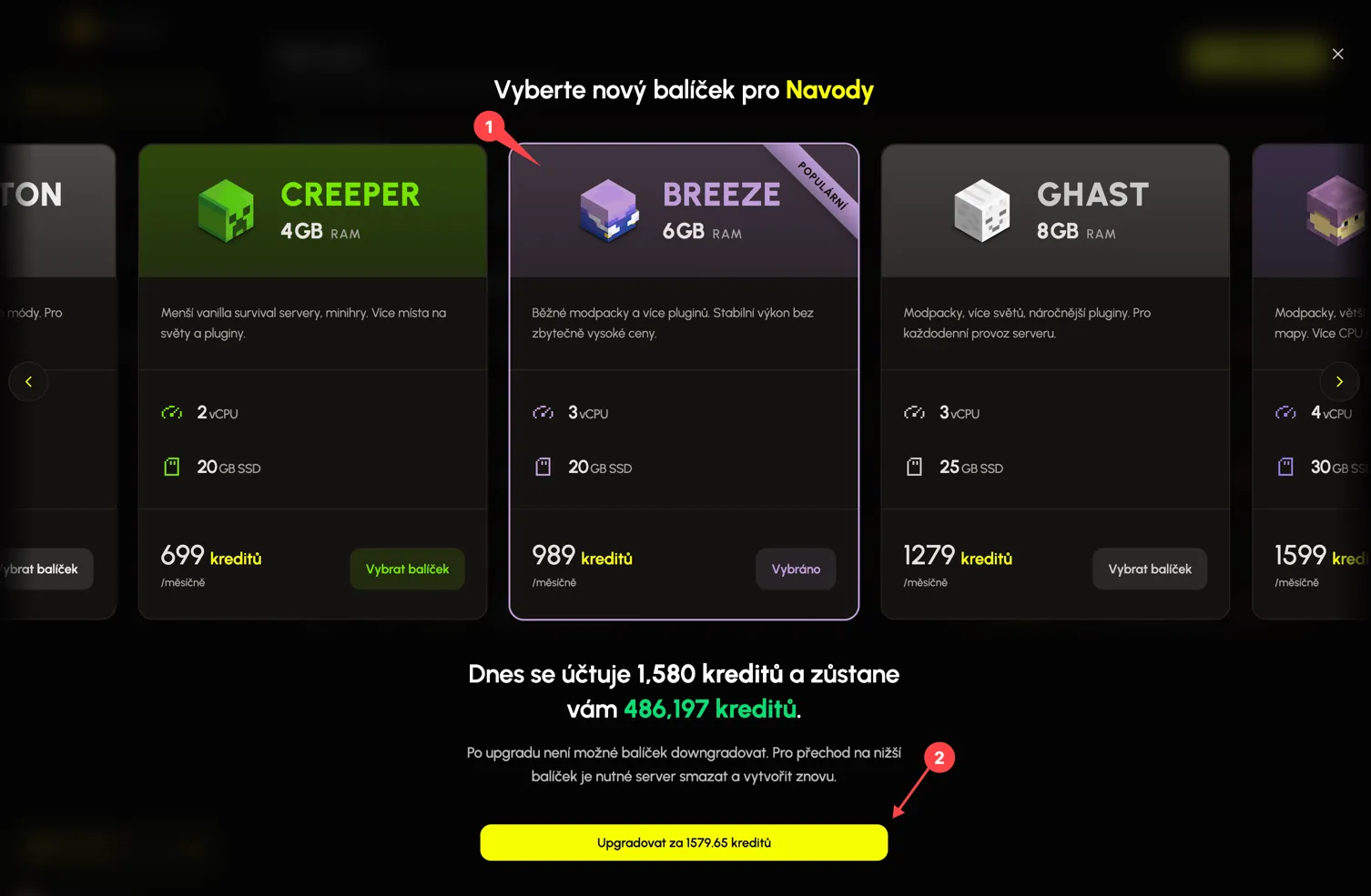 Výběr nového balíčku v Eternyx dashboardu