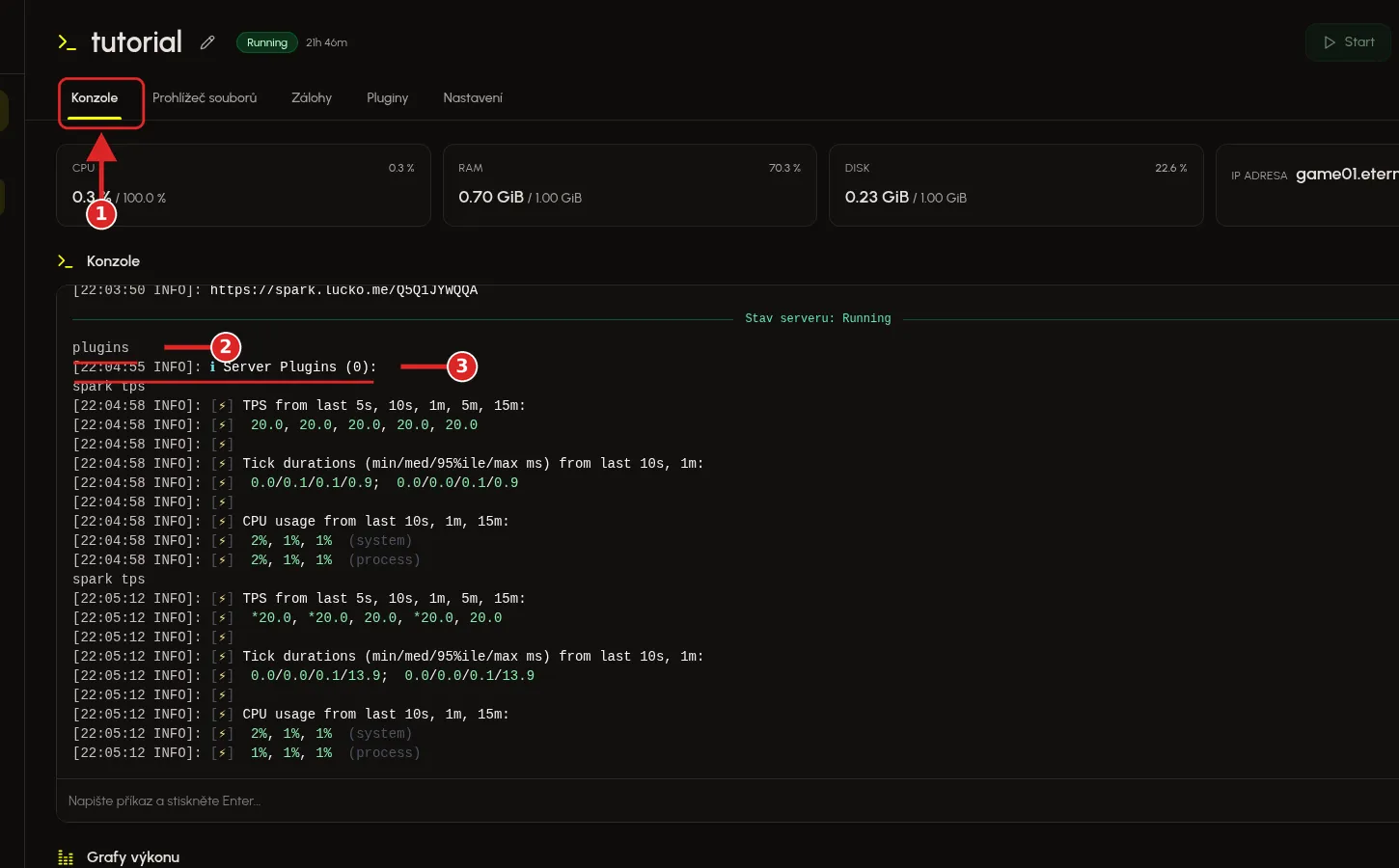 Výpis plugins v konzoli: Server Plugins (0), Spark je vestavěný