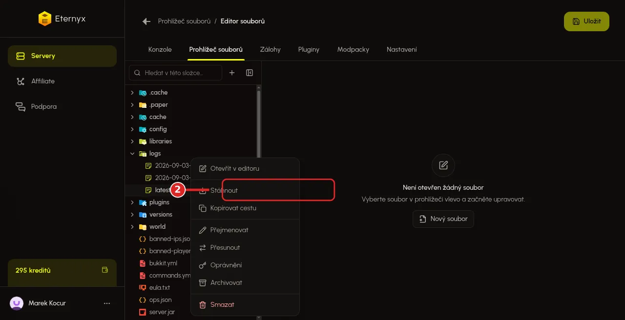 Kontextová nabídka Stáhnout u souboru latest.log v Prohlížeči souborů