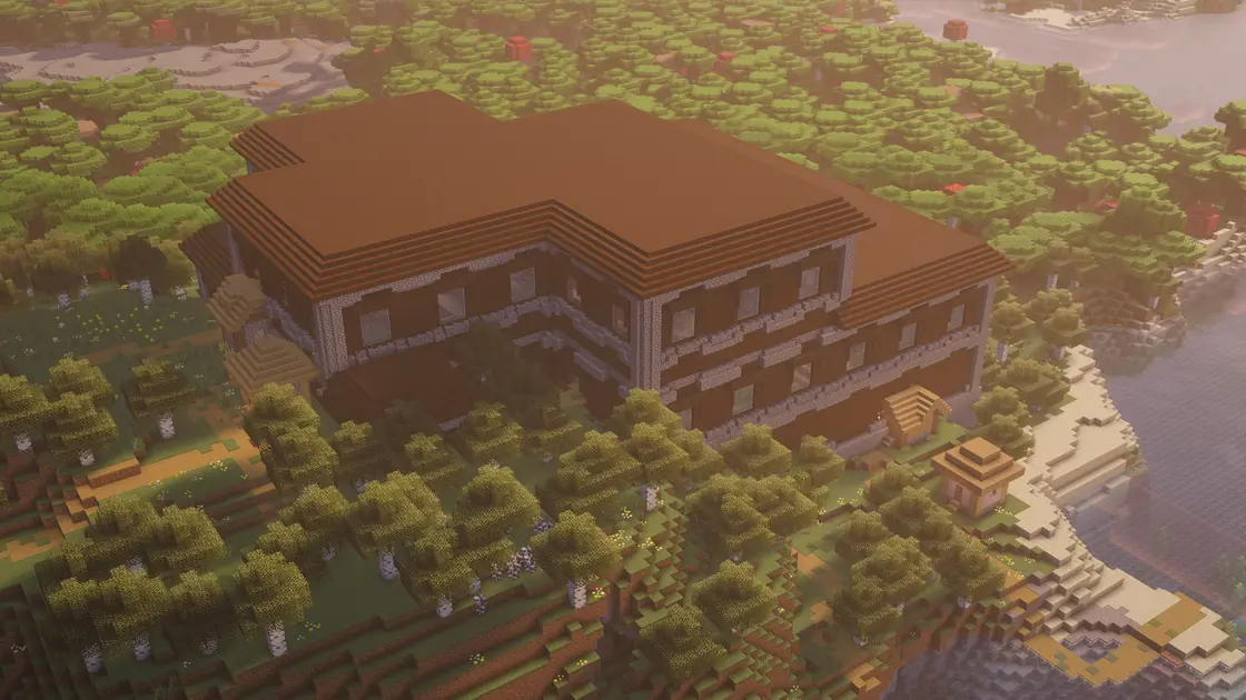 Woodland Mansion s vesnicí uvnitř přímo na spawnu