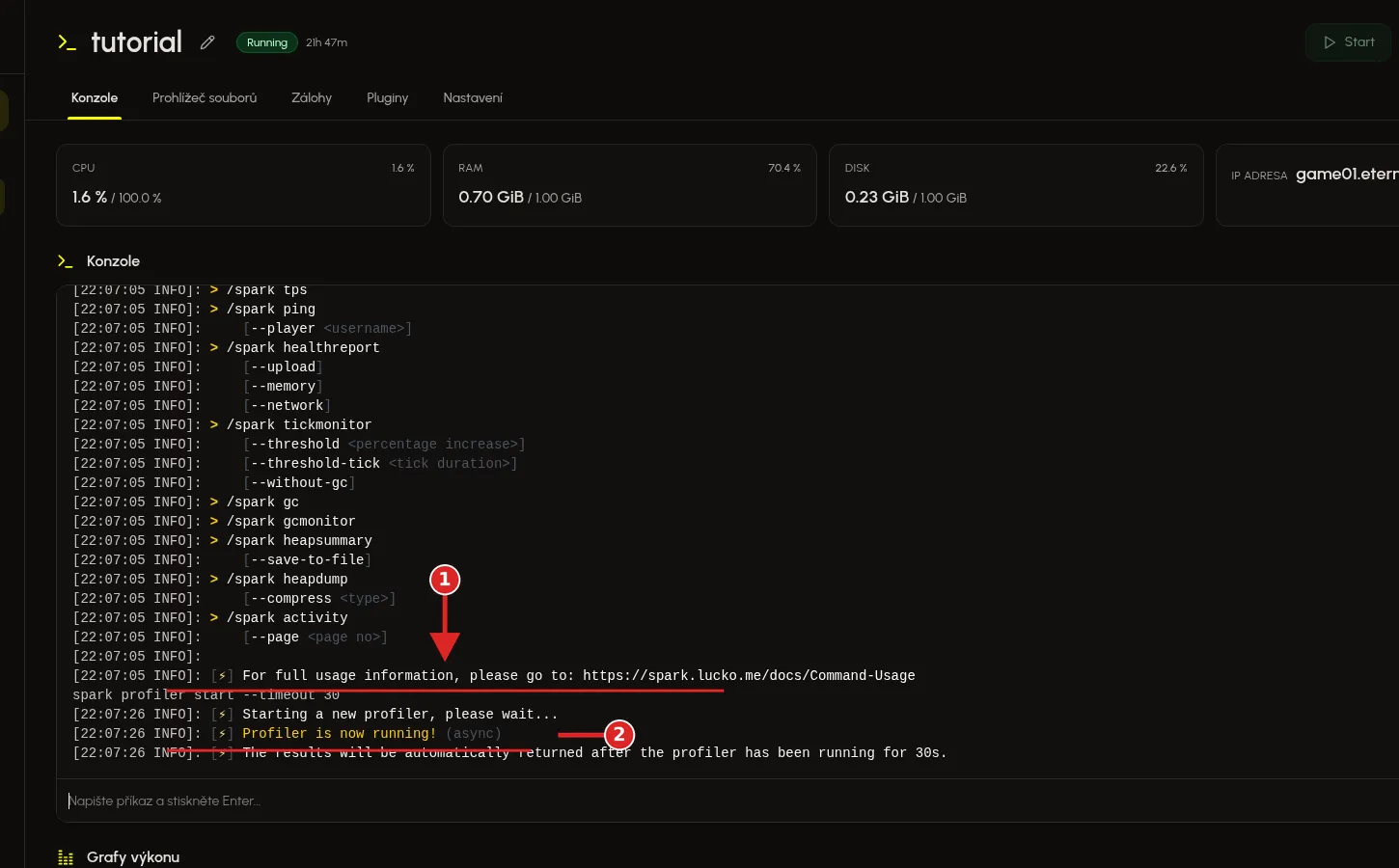 Příkaz spark profiler start --timeout 30 v konzoli