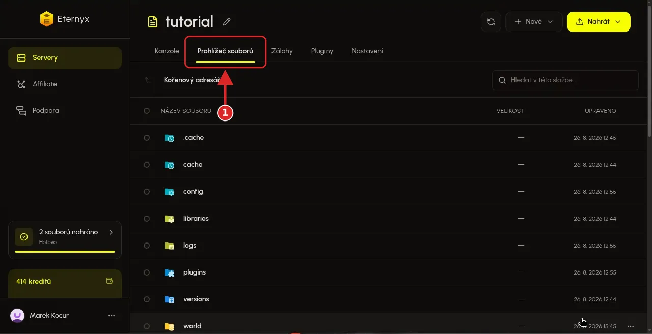 Záložka Prohlížeč souborů na Minecraft serveru tutorial v Eternyx dashboardu
