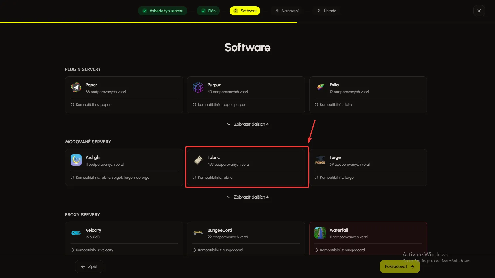 Výběr Fabricu v nabídce serverového softwaru