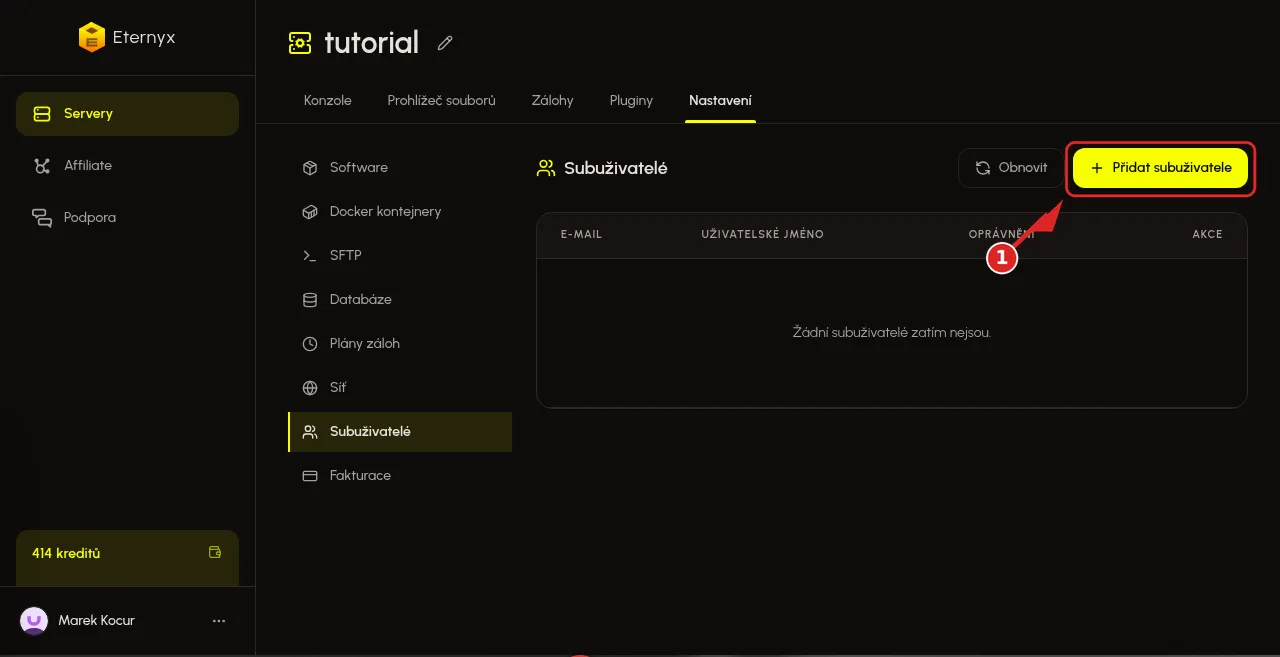 Tlačítko Přidat subuživatele na stránce Subuživatelé v Eternyx dashboardu