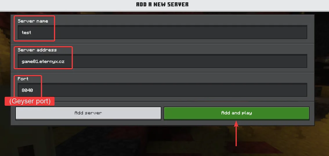 Nabídka pro přidání Minecraft serveru v Bedrock Edition