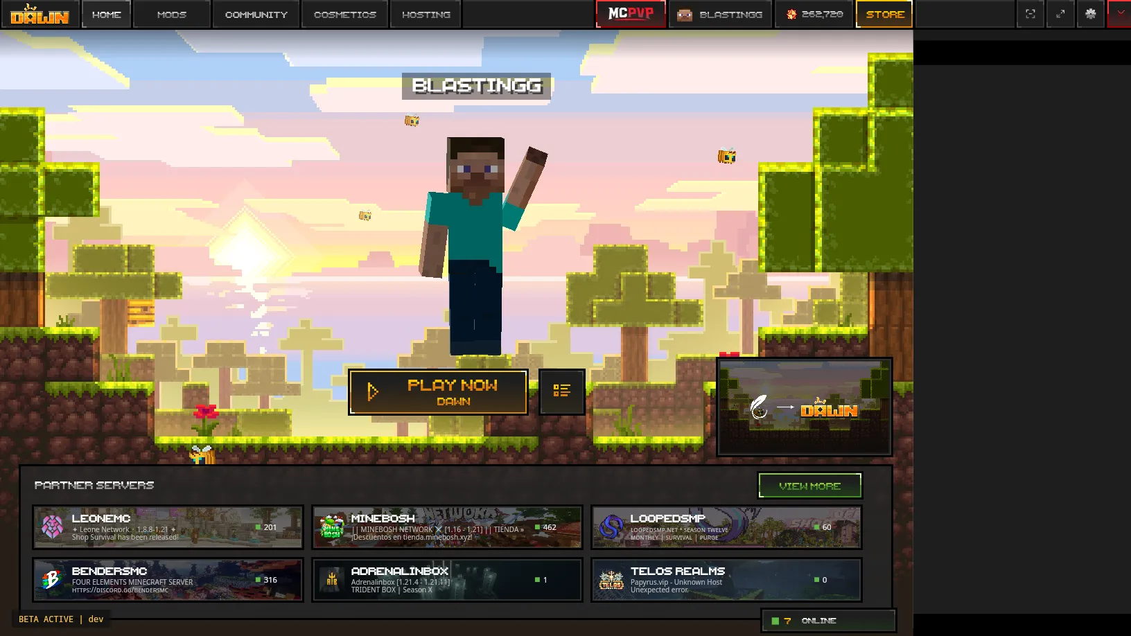 Dawn Client launcher s tlačítkem Play Now Dawn a partner servery