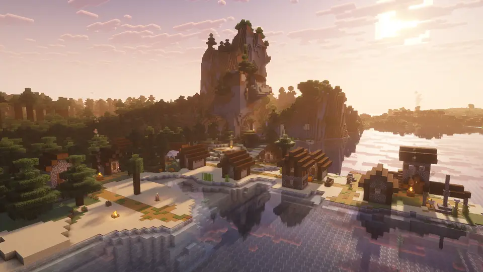 Screenshot seedu Spruce vesnice na pláži s výbavou na začátek hned u spawnu