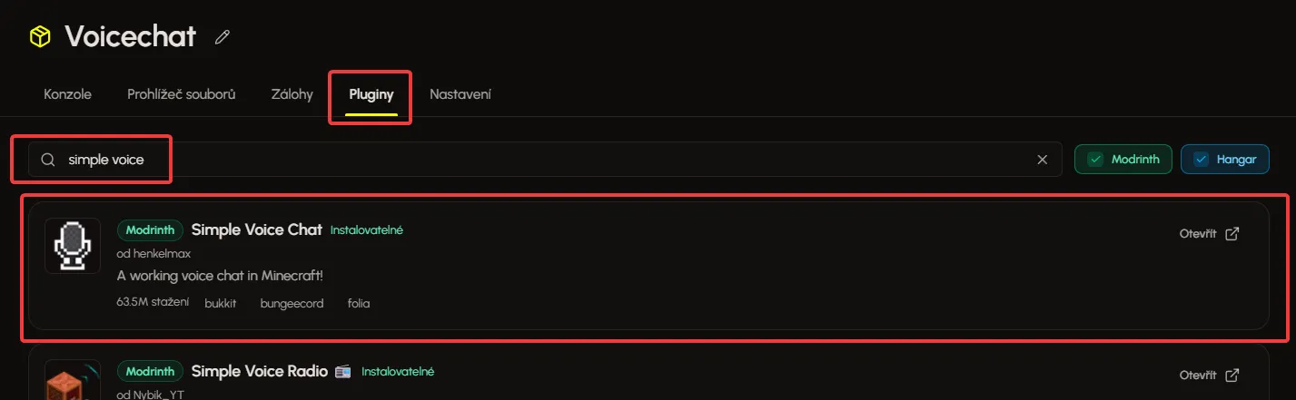 Správce pluginů Eternyxu se zobrazeným Simple Voice Chat pluginem