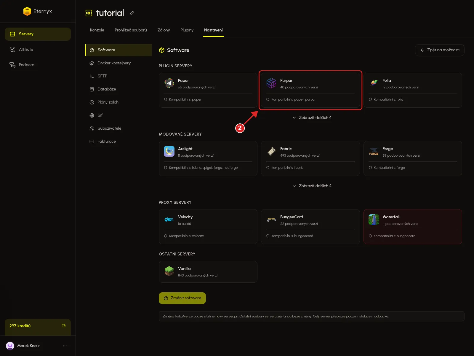Karta Purpur v seznamu forků Minecraft serveru v Eternyx dashboardu