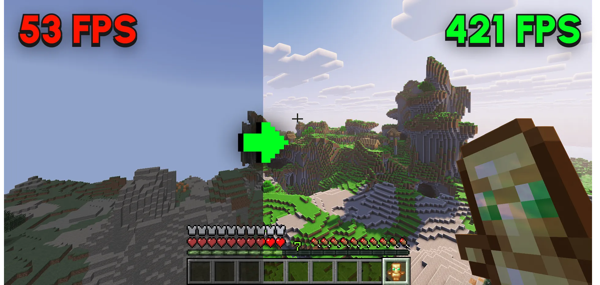 Porovnání Minecraftu před a po optimalizaci 53 FPS versus 421 FPS