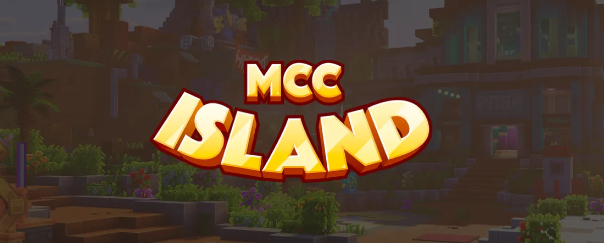 Logo MCC Island nad tropickým lobby s palmami a budovou POSE